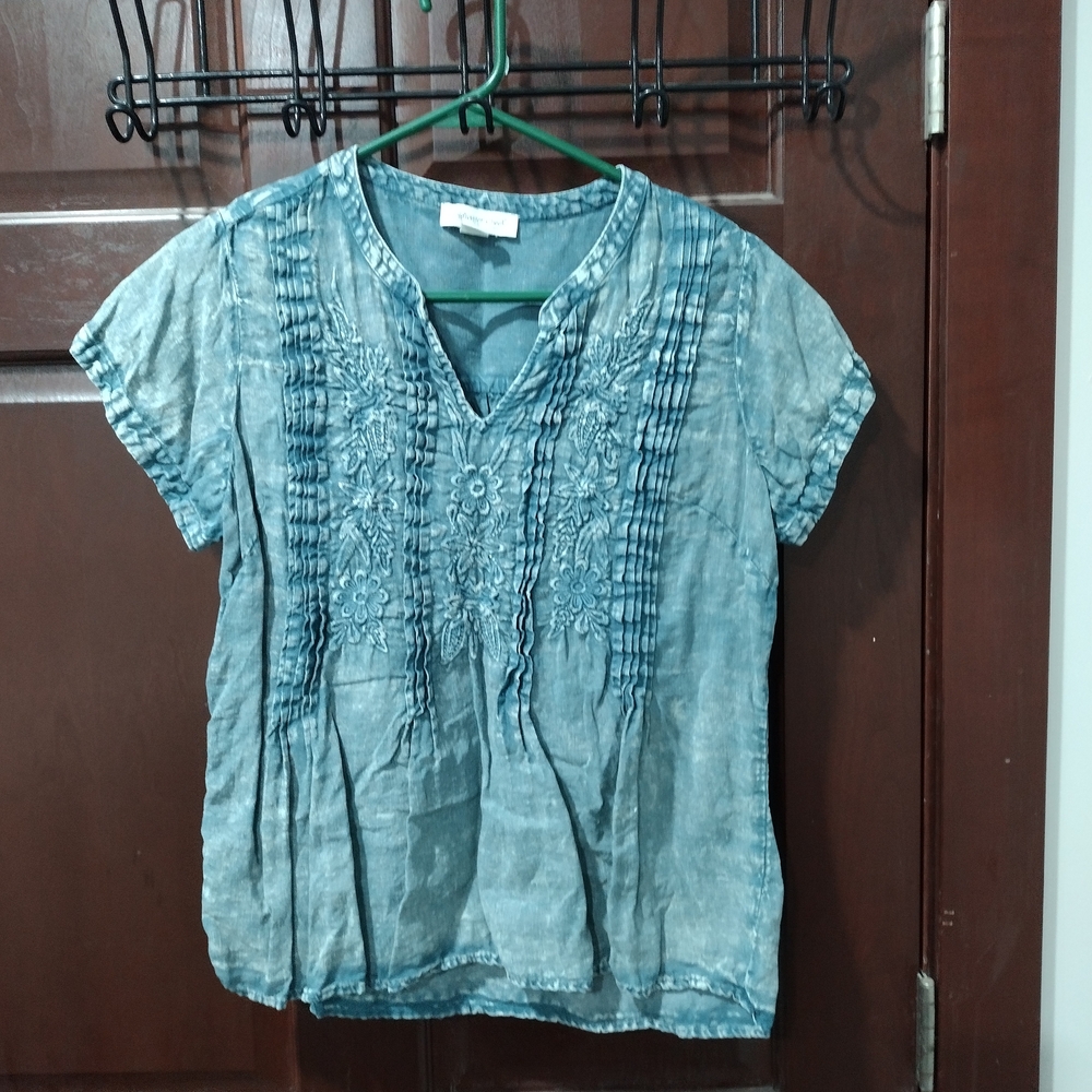 Cold-water Creek 100% Linen Blue White Washed Ruffly Top Size XS
